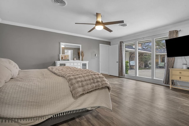 bedroom with dark wood-type flooring, ceiling fan, ornamental molding, and access to outside