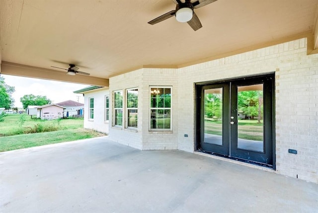 view of patio with ceiling fan and french doors