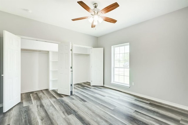 unfurnished bedroom featuring ceiling fan and light hardwood / wood-style flooring