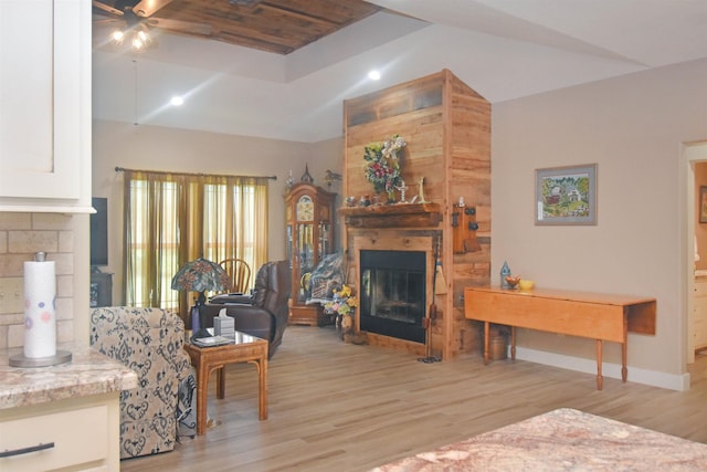 115 Pr 5250, Warren, TX 77664 - living room with a large fireplace, a ceiling fan, light wood-type flooring, and recessed lighting