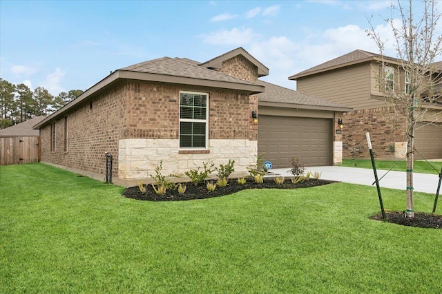 view of side of property with concrete driveway, brick siding, a lawn, and an attached garage