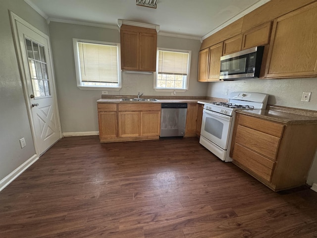 kitchen with dark hardwood / wood-style floors, ornamental molding, sink, and appliances with stainless steel finishes