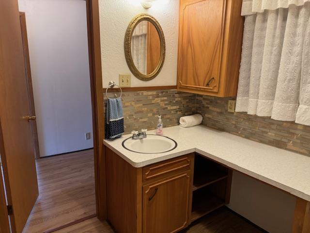 bathroom featuring vanity, wood-type flooring, and backsplash