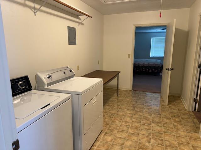 laundry room featuring electric panel and washer and dryer