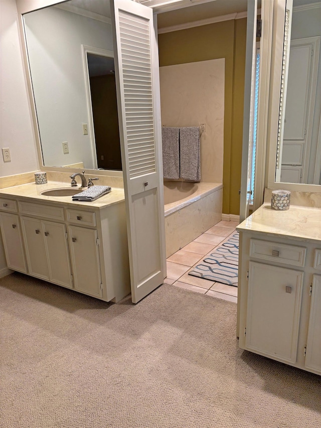 4370 Thomas Ln, Beaumont, TX 77706 - full bath featuring carpet floors, vanity, a bath, and crown molding