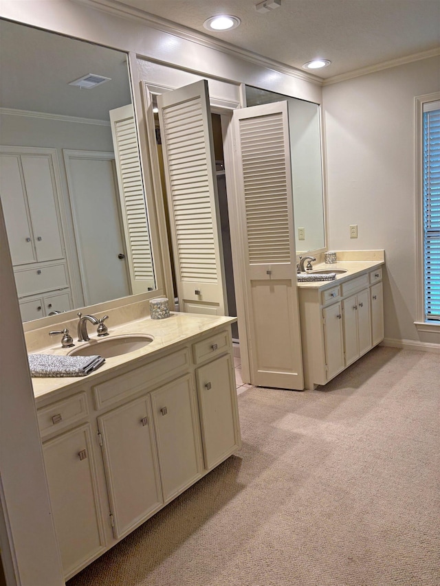 4370 Thomas Ln, Beaumont, TX 77706 - bathroom with ornamental molding, vanity, carpet floors, and a closet