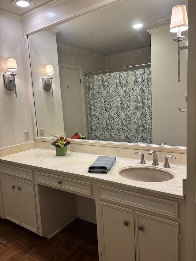 4370 Thomas Ln, Beaumont, TX 77706 - bathroom featuring vanity, ornamental molding, and a shower with curtain