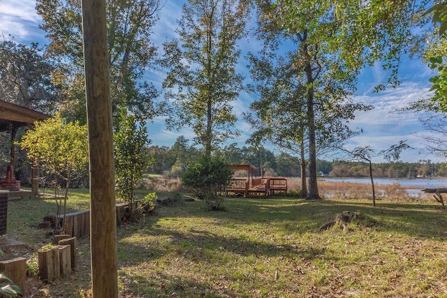 view of yard featuring a deck with water view