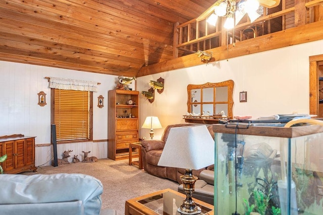 living room featuring wood walls, light colored carpet, and wood ceiling