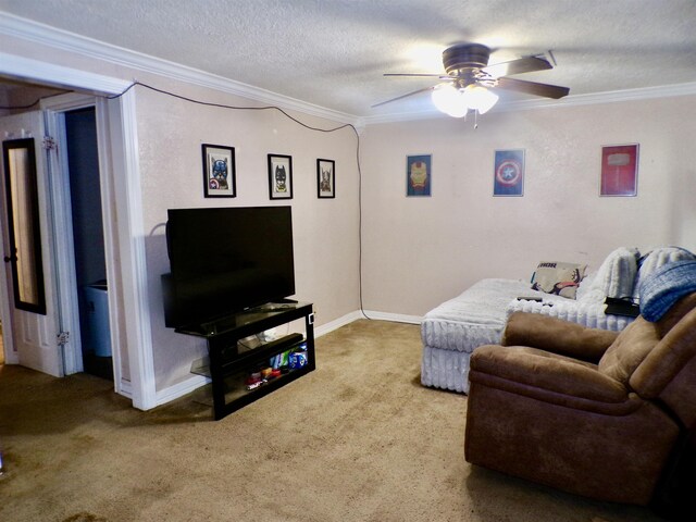 6162 E Dr, Groves, TX 77619 - living room with crown molding, carpet floors, ceiling fan, and a textured ceiling