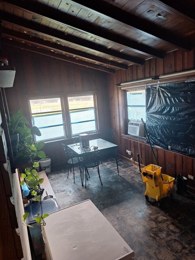 home office featuring lofted ceiling with beams, cooling unit, and wood ceiling