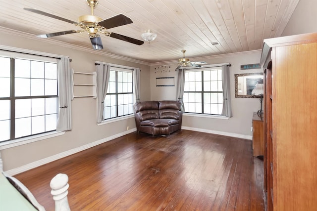 unfurnished room with dark wood-style floors, wood ceiling, baseboards, and crown molding