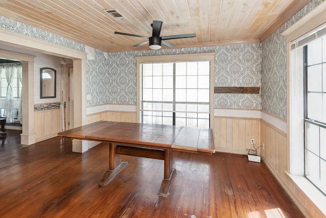 unfurnished dining area featuring wallpapered walls, visible vents, dark wood finished floors, a wainscoted wall, and wood ceiling