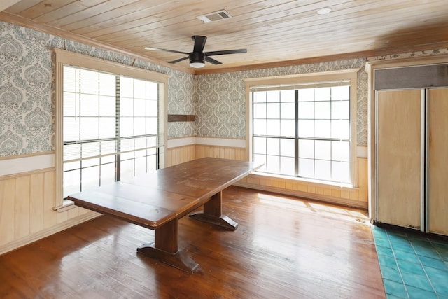 unfurnished dining area featuring dark wood-type flooring, wooden ceiling, a wainscoted wall, and wallpapered walls