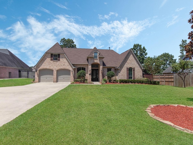 french country home with a front yard and a garage