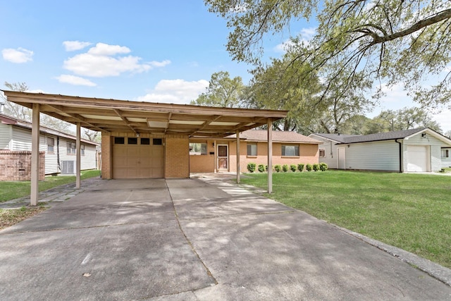 ranch-style house with a front lawn, a garage, brick siding, driveway, and an attached carport