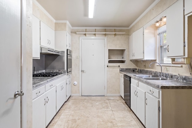 kitchen with a sink, ornamental molding, black appliances, white cabinets, and under cabinet range hood