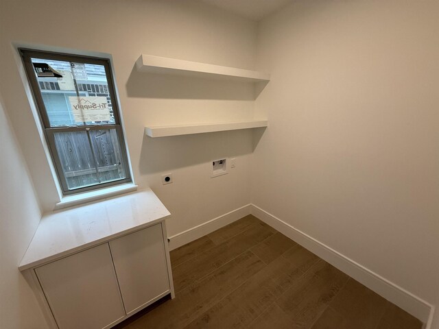 3547 Lily Ln, Beaumont, TX 77713 - clothes washing area featuring hookup for an electric dryer, washer hookup, dark wood finished floors, and baseboards