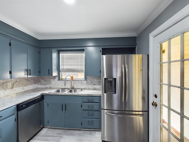 kitchen with ornamental molding, appliances with stainless steel finishes, blue cabinets, and sink