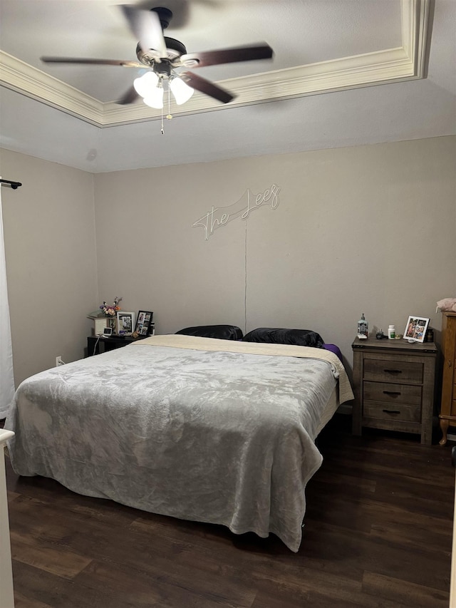 bedroom featuring dark hardwood / wood-style flooring, a tray ceiling, ceiling fan, and ornamental molding