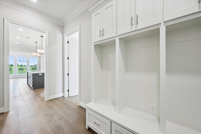 6588 Pointe Park, Beaumont, TX 77706 - mudroom featuring ornamental molding, a sink, baseboards, light wood-type flooring, and a chandelier