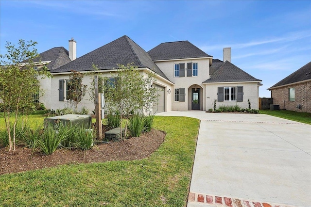 6588 Pointe Park, Beaumont, TX 77706 - view of front facade with a garage, a front yard, concrete driveway, and a chimney