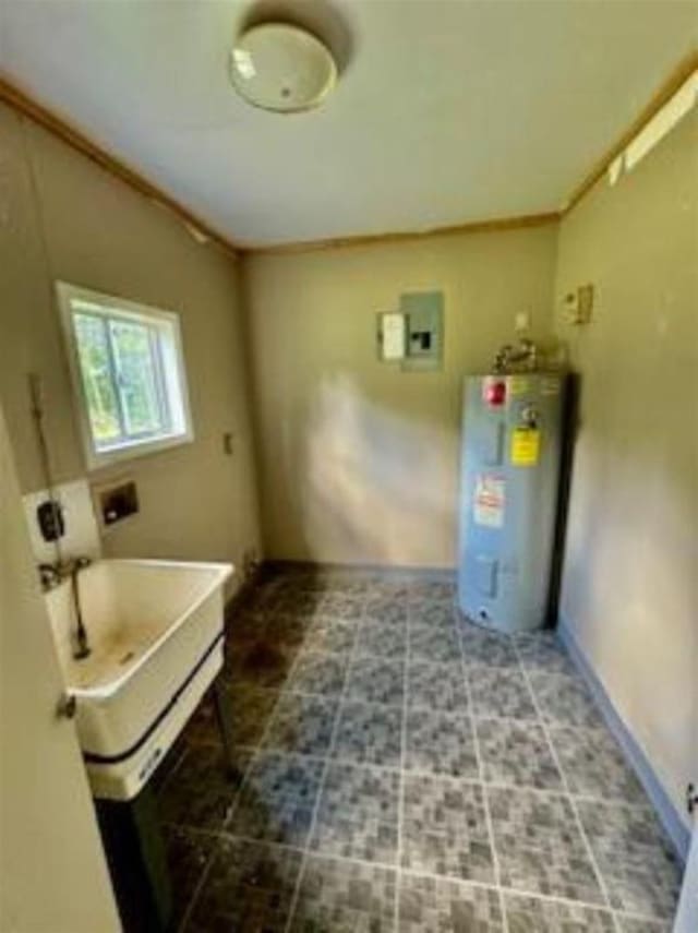 laundry area featuring sink, ornamental molding, washer hookup, electric panel, and electric water heater