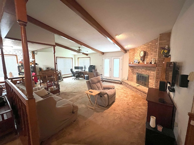 155 Hunters Ct, Lumberton, TX 77657 - carpeted living room with a fireplace, a ceiling fan, and an office area