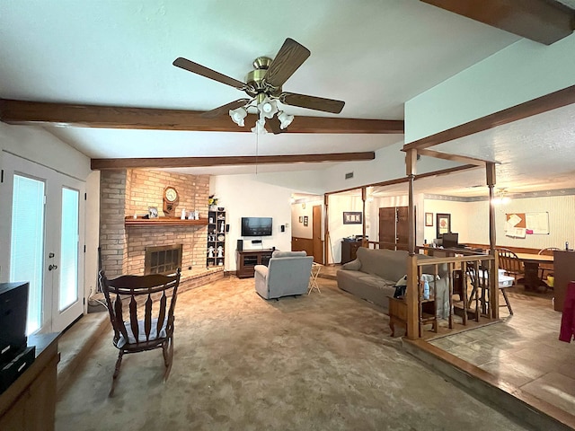 155 Hunters Ct, Lumberton, TX 77657 - carpeted living room featuring a ceiling fan, beam ceiling, and a brick fireplace