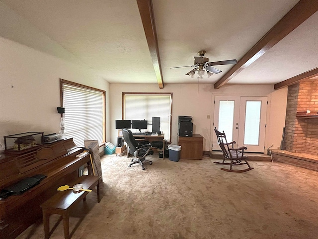 155 Hunters Ct, Lumberton, TX 77657 - carpeted office featuring beam ceiling, a ceiling fan, and french doors