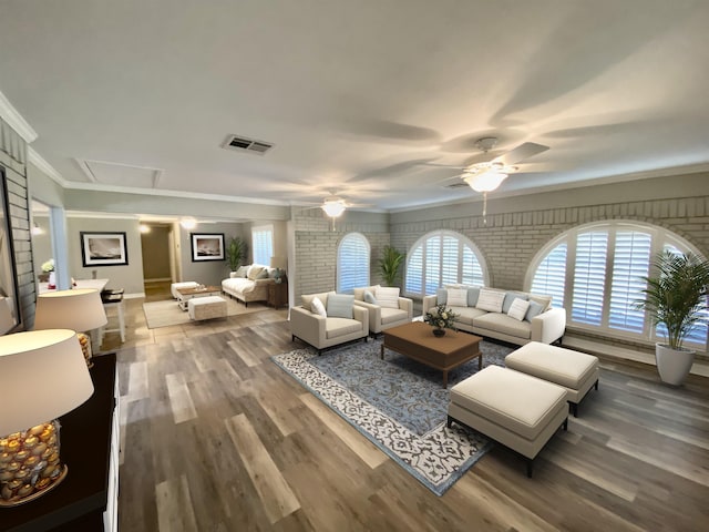 3900 Lakeview Cutoff, Vidor, TX 77662 - living area featuring wood finished floors, plenty of natural light, a ceiling fan, crown molding, and attic access