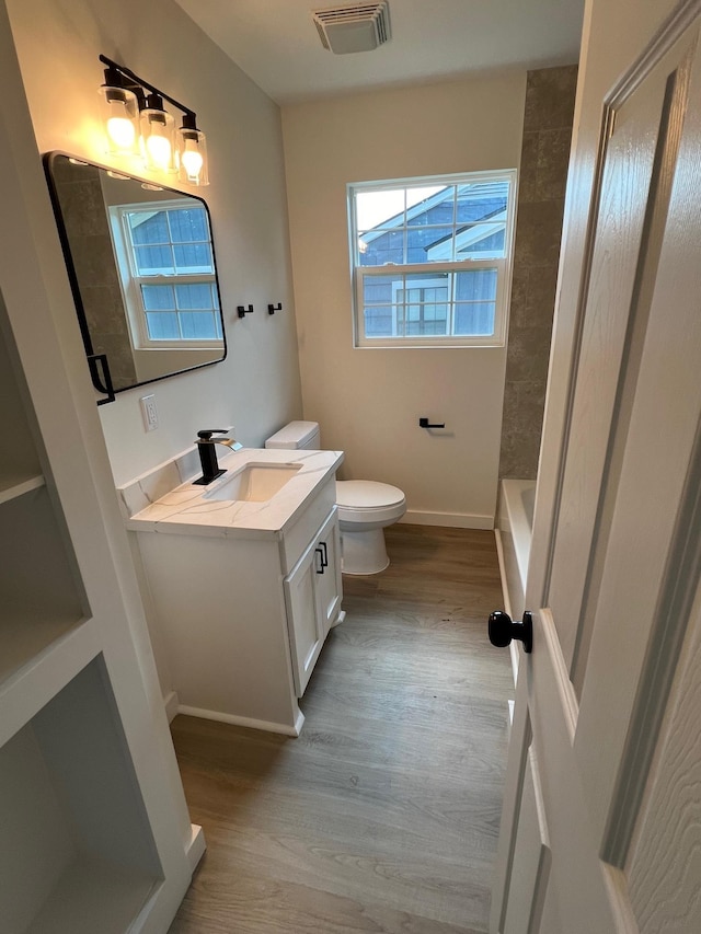 bathroom featuring a shower, vanity, hardwood / wood-style flooring, and toilet