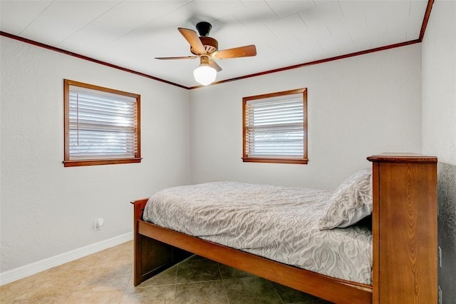 bedroom featuring ceiling fan and ornamental molding