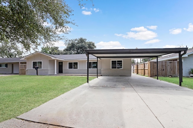 single story home featuring a front yard and a carport