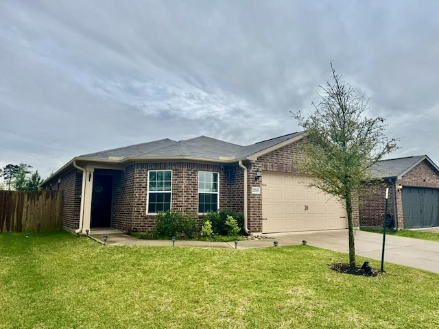 22043 Rocky Reserve Dr, Northwest Harris, TX 77447 - ranch-style home featuring brick siding, driveway, a front lawn, and an attached garage