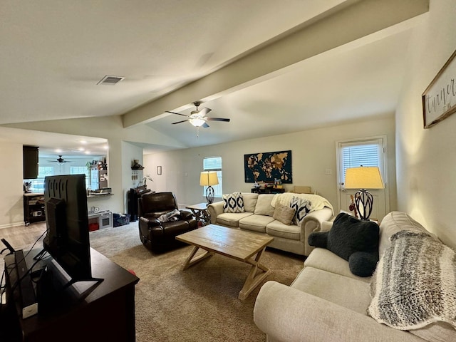 22043 Rocky Reserve Dr, Northwest Harris, TX 77447 - living area with lofted ceiling with beams, visible vents, a ceiling fan, and plenty of natural light