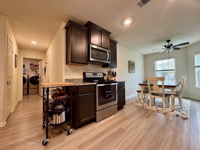 22043 Rocky Reserve Dr, Northwest Harris, TX 77447 - kitchen featuring appliances with stainless steel finishes, light wood-style flooring, independent washer and dryer, visible vents, and dark brown cabinets