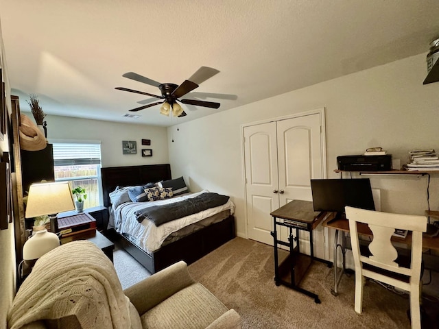 22043 Rocky Reserve Dr, Northwest Harris, TX 77447 - bedroom featuring carpet flooring, a ceiling fan, a closet, and visible vents
