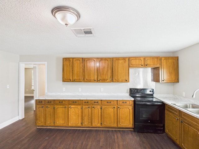 1325 S Main St, Vidor, TX 77662 - kitchen featuring a sink, dark wood finished floors, visible vents, black electric range, and light countertops
