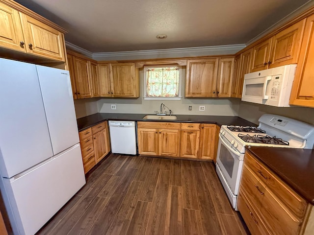 220 Dupuis St, Bridge City, TX 77611 - kitchen with white appliances, a sink, dark countertops, dark wood-style flooring, and ornamental molding