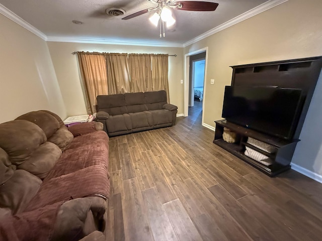 220 Dupuis St, Bridge City, TX 77611 - living room with ceiling fan, wood finished floors, ornamental molding, and baseboards