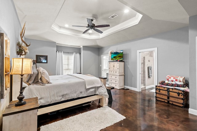 6 John Loop, Lumberton, TX 77657 - bedroom featuring a tray ceiling, baseboards, recessed lighting, concrete flooring, and crown molding