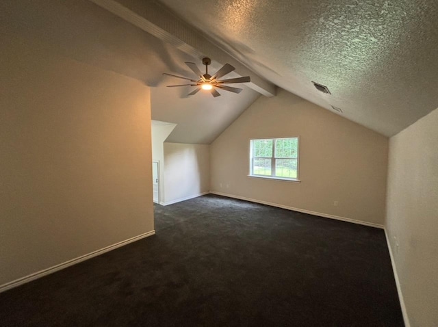 1401 Buckingham Dr, Orange, TX 77632 - bonus room featuring dark carpet, baseboards, ceiling fan, and a textured ceiling
