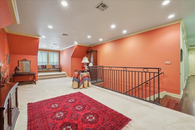 5160 Littlechase Dr, Beaumont, TX 77706 - interior space featuring an upstairs landing, baseboards, crown molding, recessed lighting, and carpet flooring