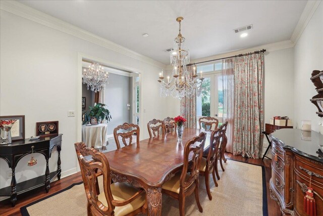 5160 Littlechase Dr, Beaumont, TX 77706 - dining space featuring light wood finished floors, a chandelier, ornamental molding, and french doors