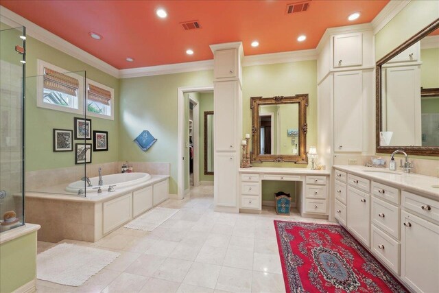 5160 Littlechase Dr, Beaumont, TX 77706 - bathroom with ornamental molding, a bath, vanity, tile patterned floors, and a tile shower