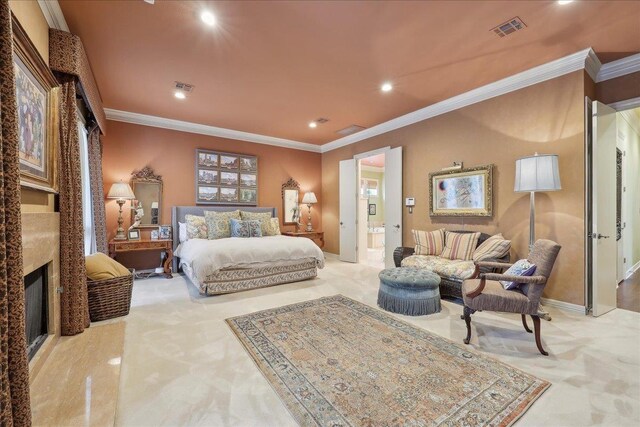 5160 Littlechase Dr, Beaumont, TX 77706 - carpeted bedroom with crown molding, recessed lighting, a premium fireplace, ensuite bath, and baseboards