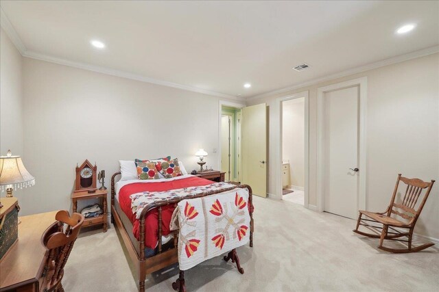 5160 Littlechase Dr, Beaumont, TX 77706 - bedroom featuring light carpet, ornamental molding, recessed lighting, and ensuite bath
