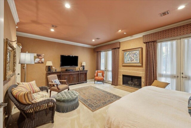5160 Littlechase Dr, Beaumont, TX 77706 - bedroom featuring crown molding, recessed lighting, and a glass covered fireplace