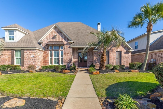 view of front facade with brick siding, roof with shingles, and a front yard